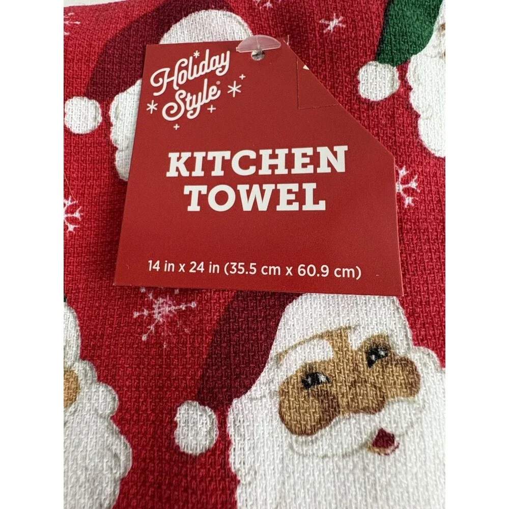 Christmas Santa Clause Kitchen Red Towel With Green Pom Poms Snowflake Diverse